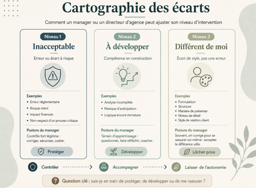 Cartographie des écarts en trois niveaux : l’inacceptable à protéger, ce qui est à développer, et ce qui est simplement différent de moi, avec la posture du manager pour chacun